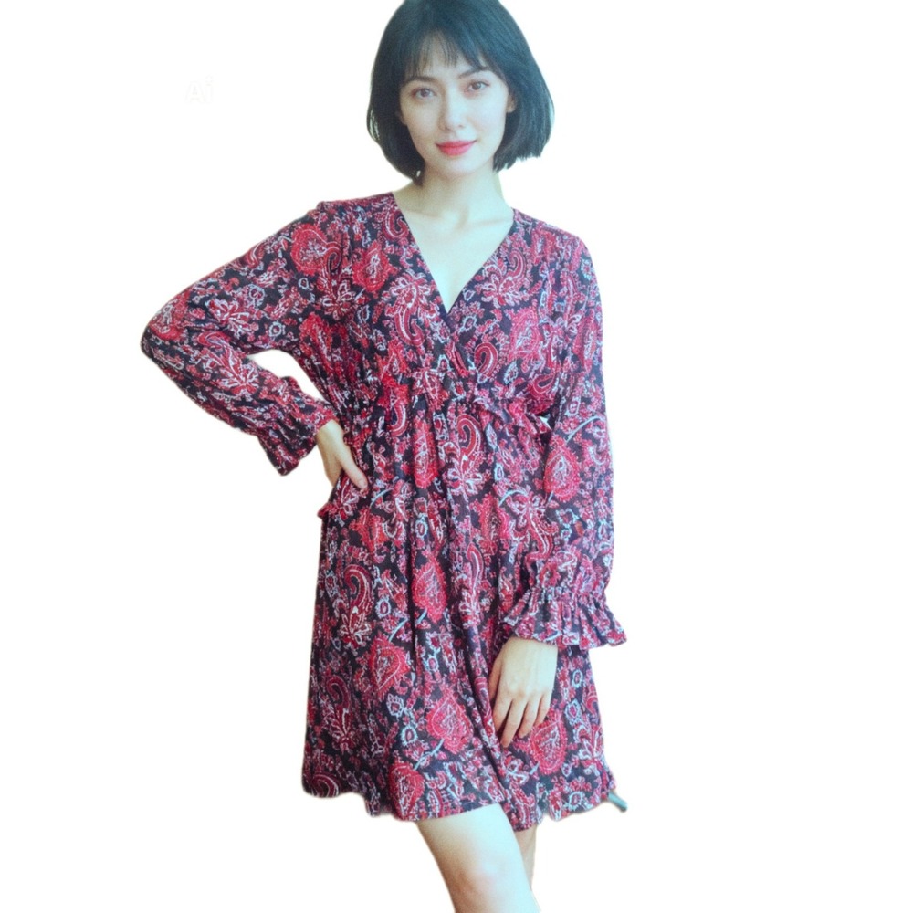NWT Michael Michael Kors Black Maroon Paisley Faux Wrap Ruffle Sleeves Dress L - Picture 2 of 7